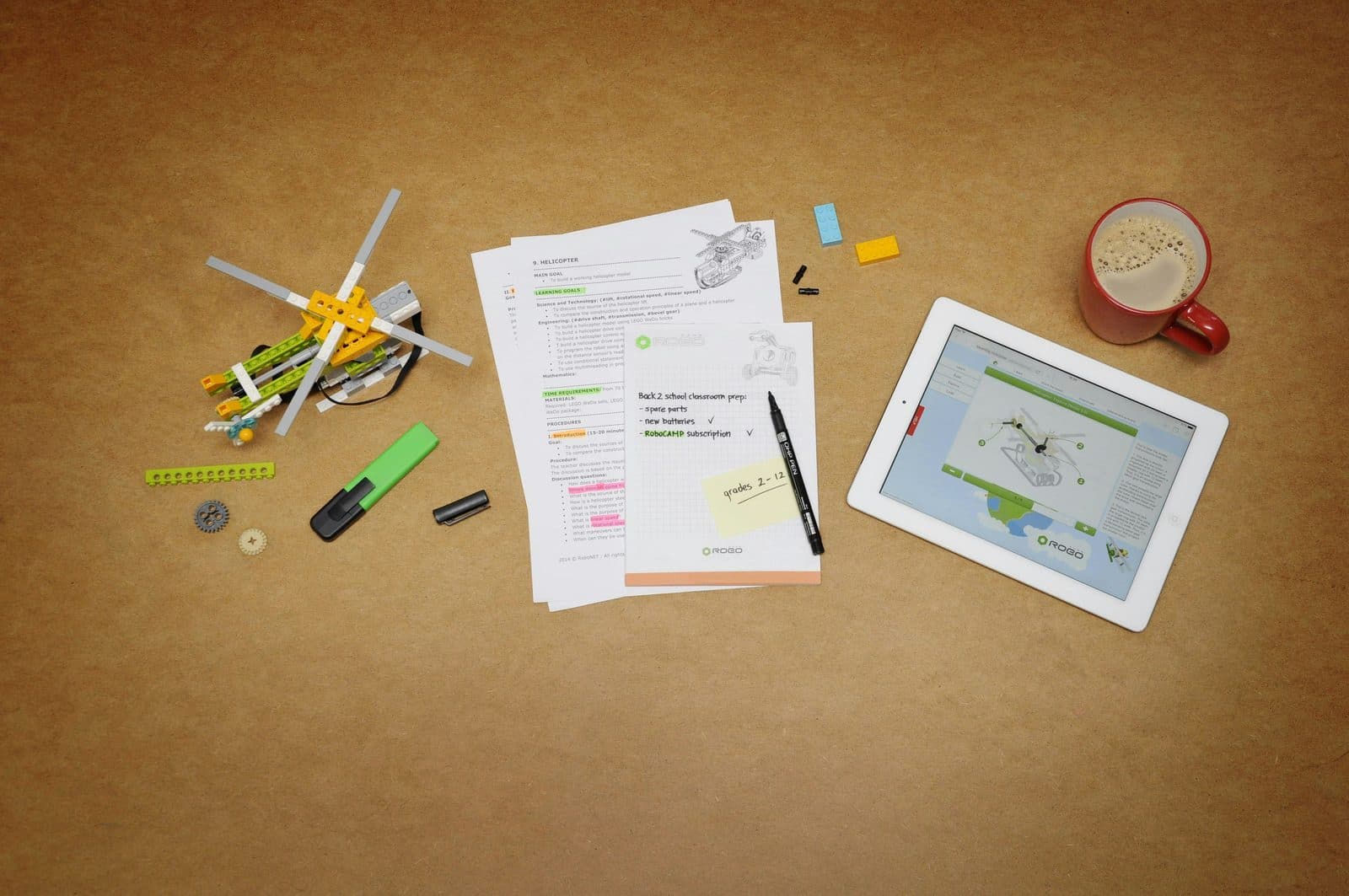Hands-on learning materials arranged on a work table